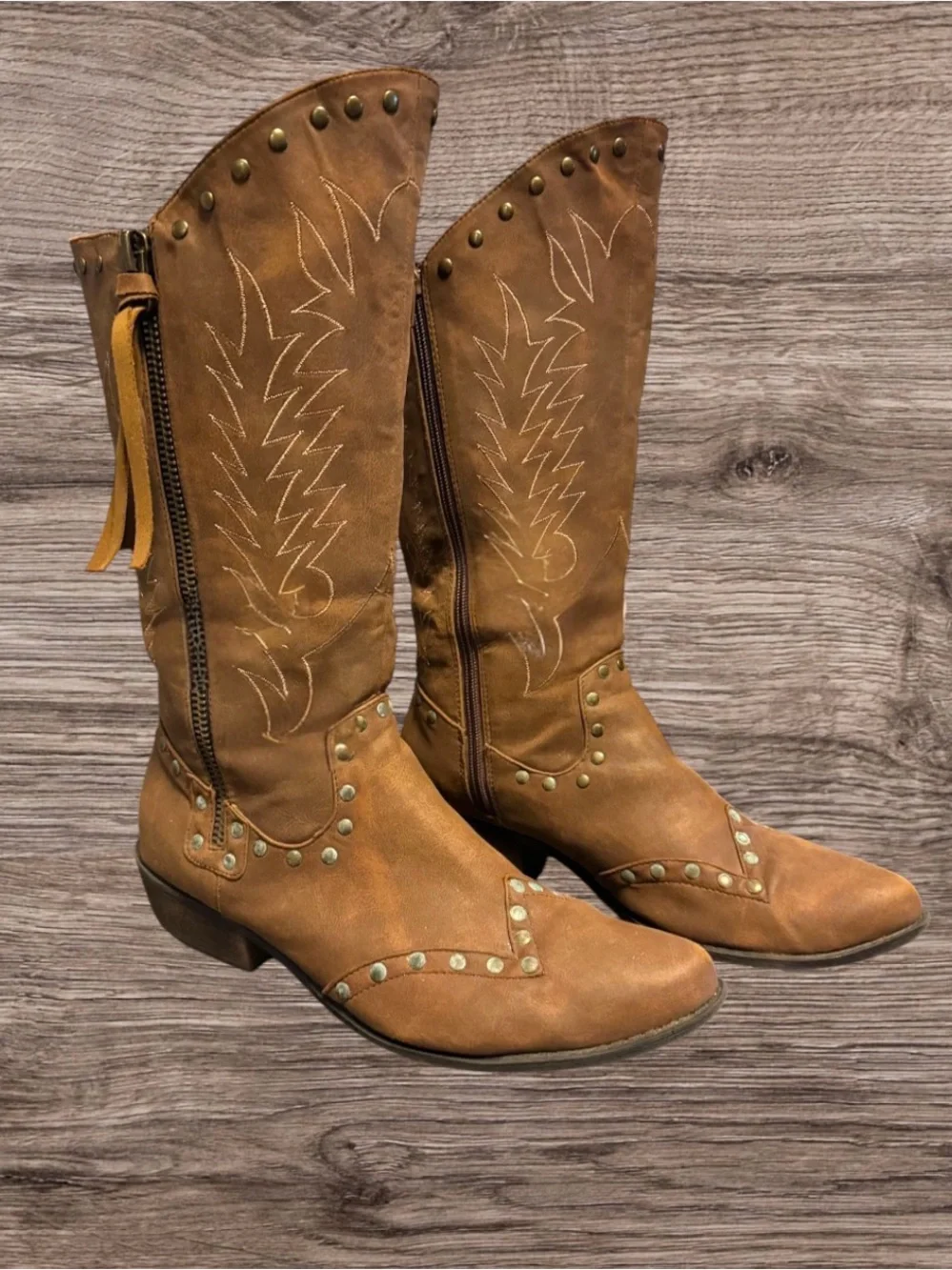Coconuts by Matisse Tan Faux Leather Studded Cowboy Boots